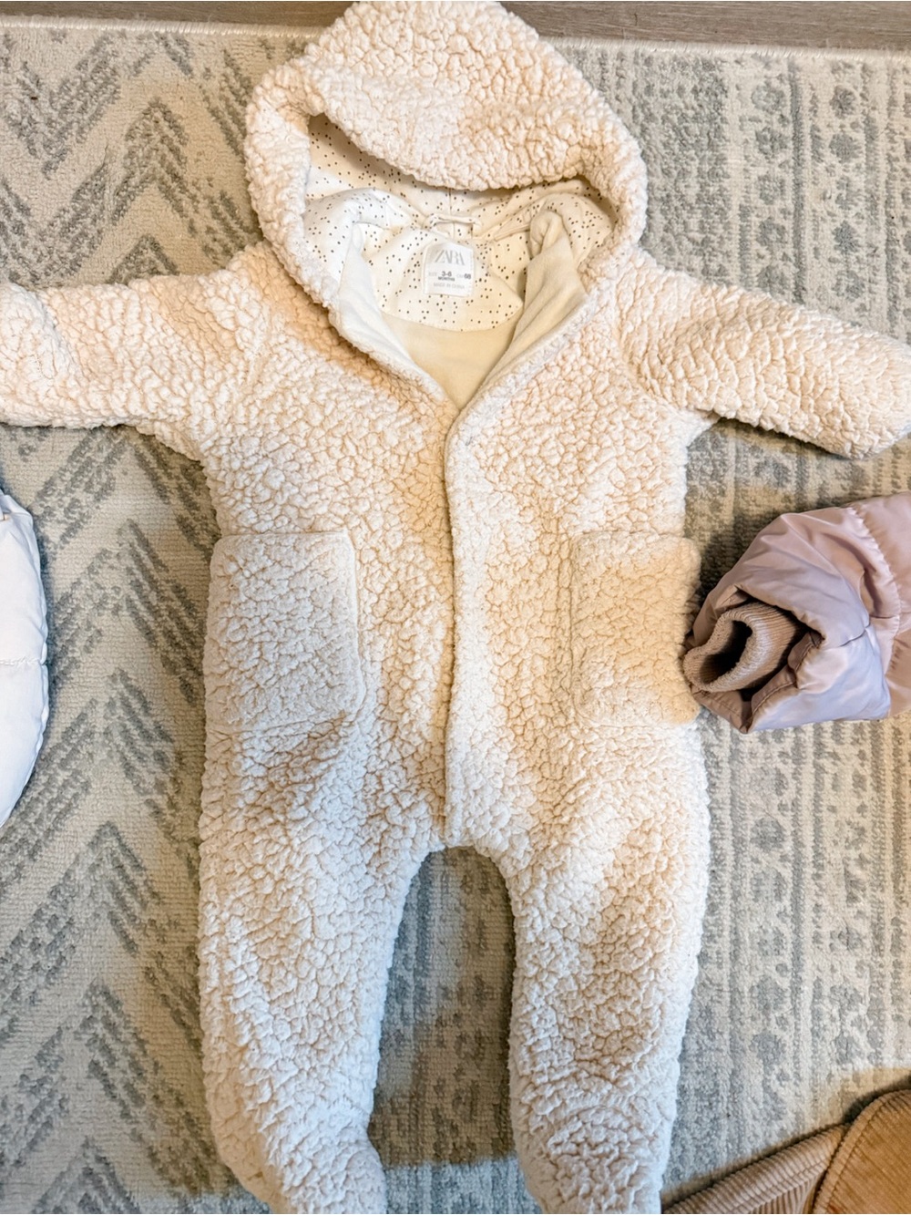 ZARA Cream Sherpa Hooded Baby Footed One-Piece
